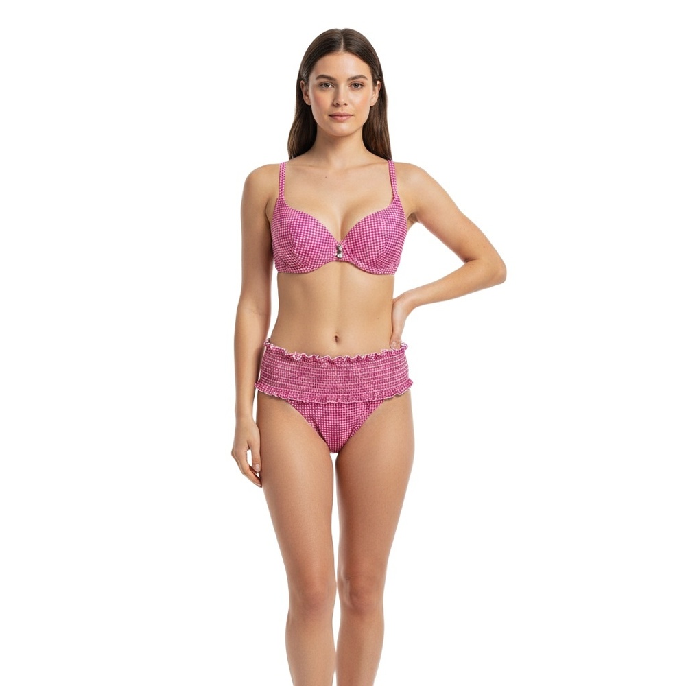 REUTTER D. Womens Bikini Set Size L Pink Gingham‎ High Waist Smocked Push Up